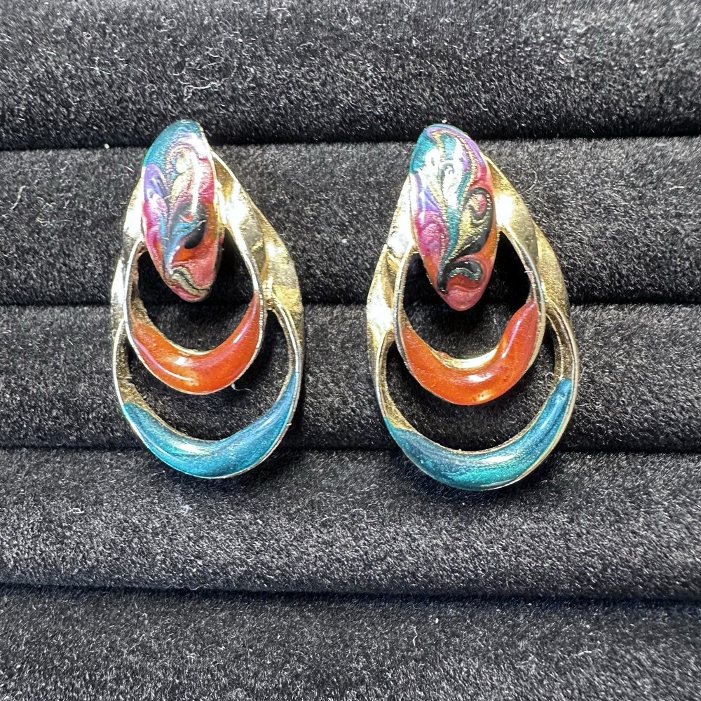 Vintage Gold Tone‎ Abstract Swirl Colorful Enamel Design Pierced Earring
